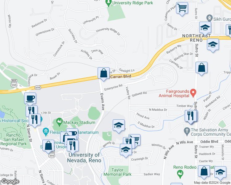map of restaurants, bars, coffee shops, grocery stores, and more near 2399 Valley Road in Reno