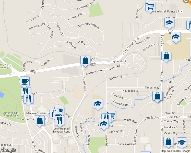 map of restaurants, bars, coffee shops, grocery stores, and more near 2399 Valley Rd in Reno