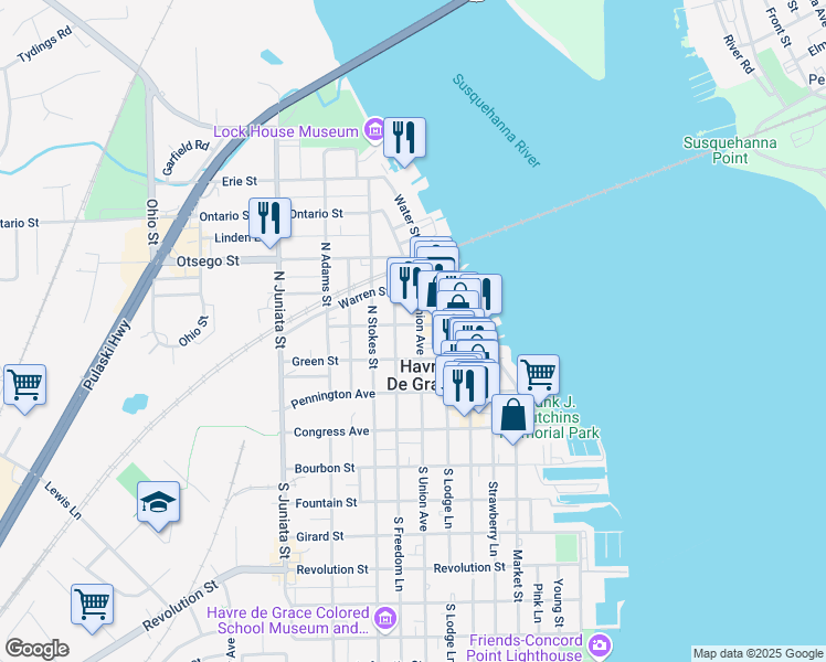 map of restaurants, bars, coffee shops, grocery stores, and more near 324 North Union Avenue in Havre de Grace
