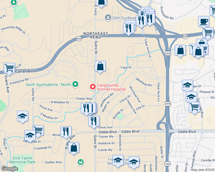 map of restaurants, bars, coffee shops, grocery stores, and more near 2165 Patton Drive in Reno
