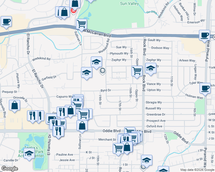 map of restaurants, bars, coffee shops, grocery stores, and more near 2070 18th Street in Sparks