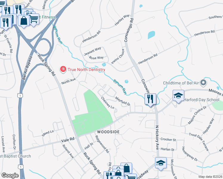 map of restaurants, bars, coffee shops, grocery stores, and more near 517 Hanna Way in Bel Air