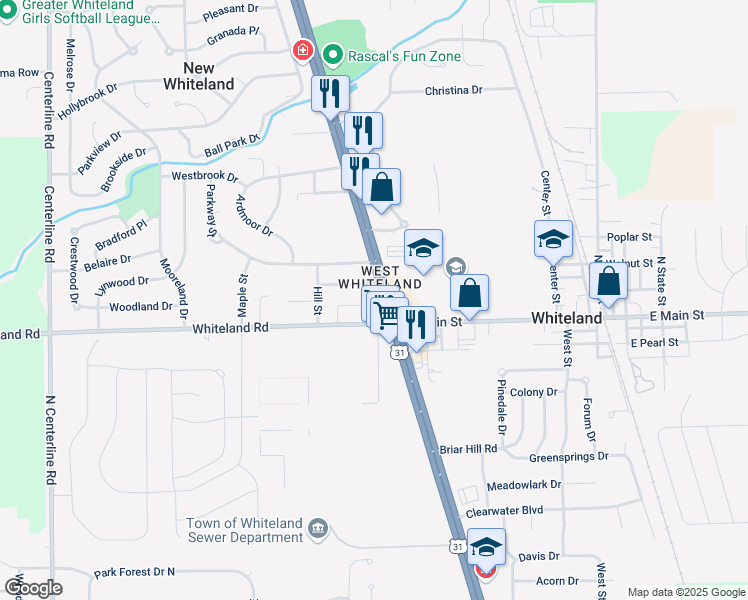 map of restaurants, bars, coffee shops, grocery stores, and more near 20 U.S. 31 in Whiteland