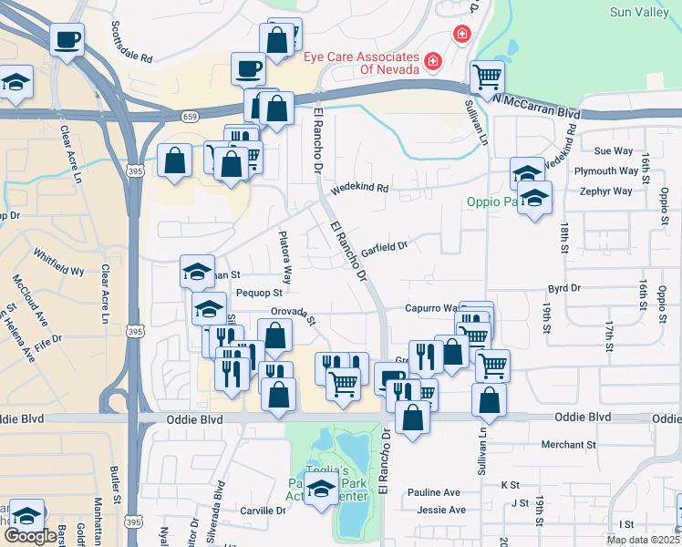 map of restaurants, bars, coffee shops, grocery stores, and more near 2519 Garfield Court in Sparks