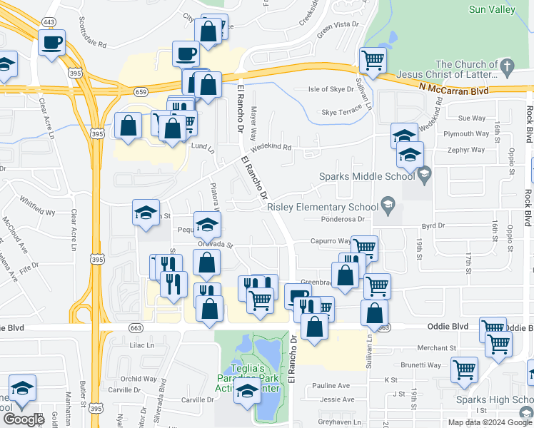 map of restaurants, bars, coffee shops, grocery stores, and more near 2509 Garfield Court in Sparks