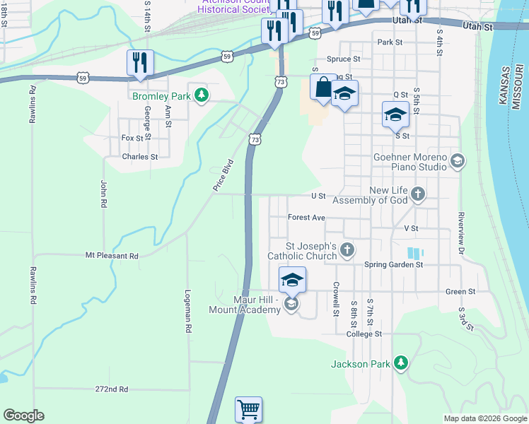 map of restaurants, bars, coffee shops, grocery stores, and more near 1021 Highland Avenue in Atchison