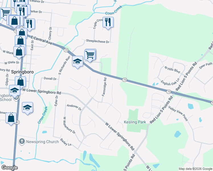 map of restaurants, bars, coffee shops, grocery stores, and more near 158 Farmridge Road in Springboro