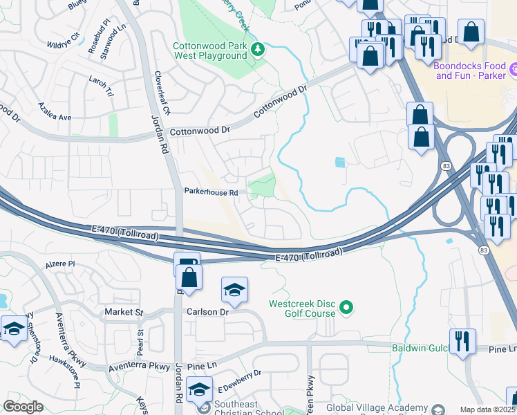 map of restaurants, bars, coffee shops, grocery stores, and more near 17346 Nature Walk Tr in Parker