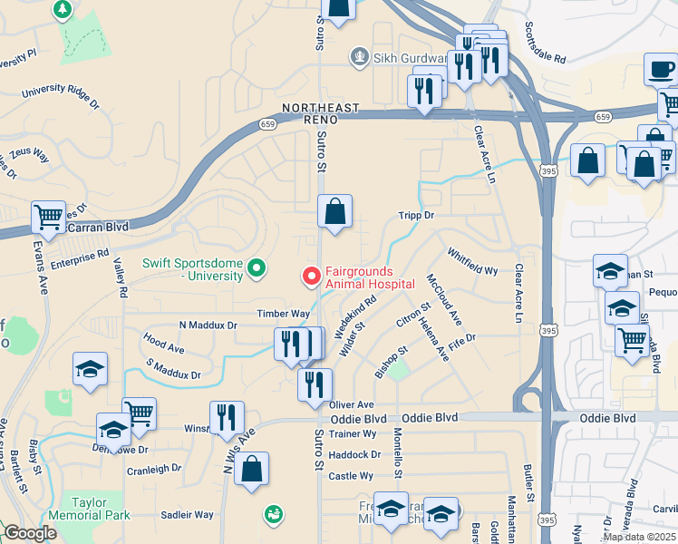 map of restaurants, bars, coffee shops, grocery stores, and more near 2428 Sutro Street in Reno