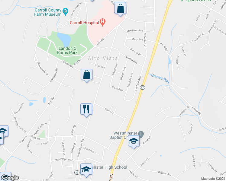 map of restaurants, bars, coffee shops, grocery stores, and more near 207 Rose Avenue in Westminster