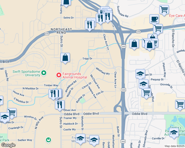 map of restaurants, bars, coffee shops, grocery stores, and more near 2030 McCloud Avenue in Reno