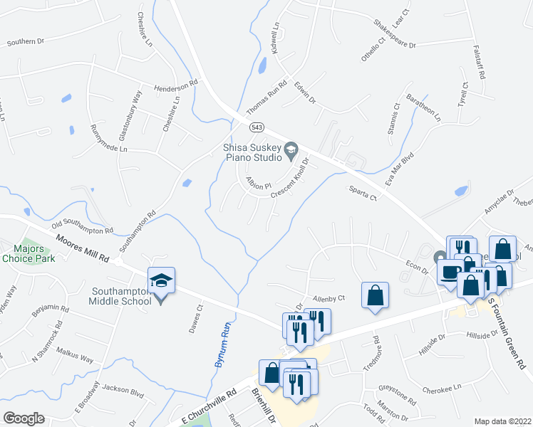 map of restaurants, bars, coffee shops, grocery stores, and more near 1414 Eastbourne Court in Bel Air