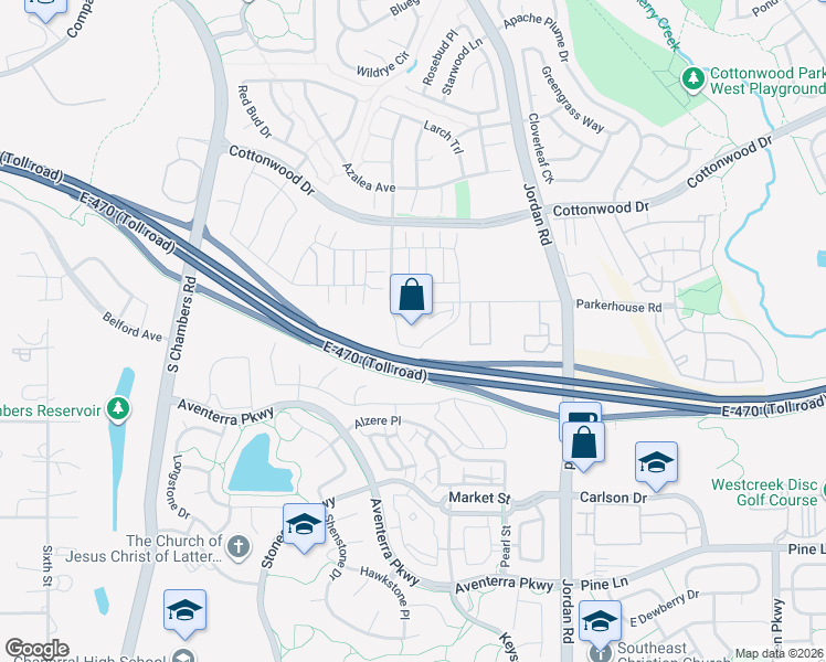 map of restaurants, bars, coffee shops, grocery stores, and more near 15700 Parkerhouse Road in Parker