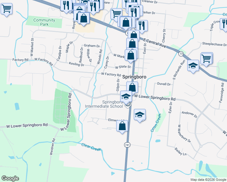 map of restaurants, bars, coffee shops, grocery stores, and more near 70 West Mill Street in Springboro