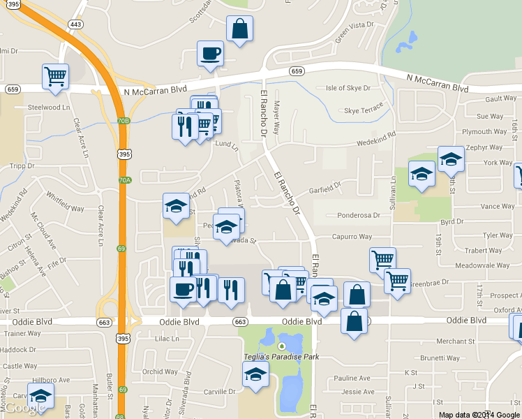 map of restaurants, bars, coffee shops, grocery stores, and more near 2595 Garfield Drive in Sparks