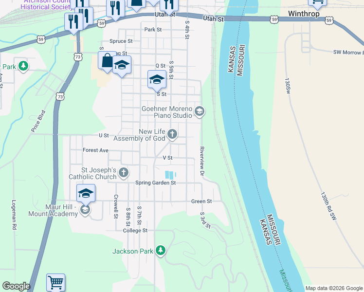 map of restaurants, bars, coffee shops, grocery stores, and more near 1033-1099 S 4th St in Atchison