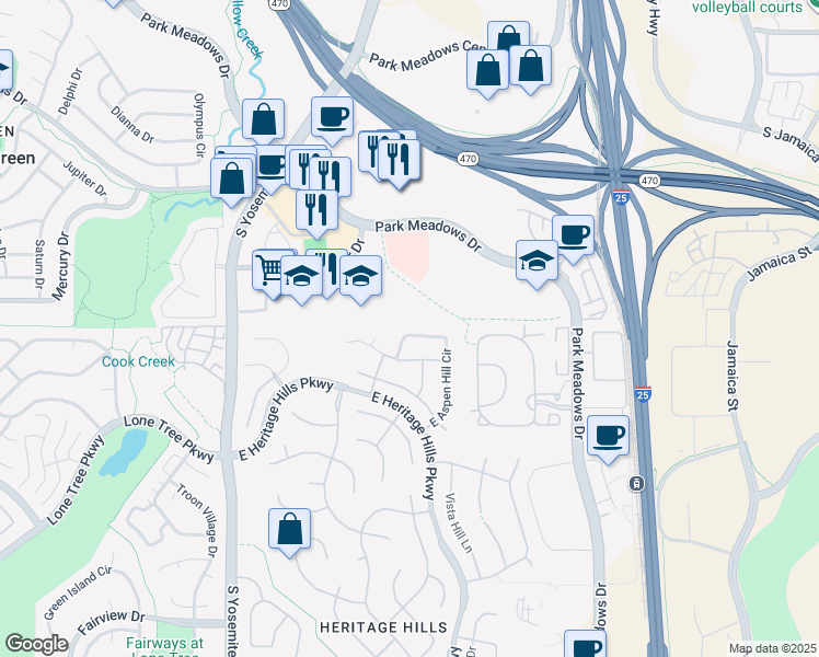 map of restaurants, bars, coffee shops, grocery stores, and more near 9523 East Aspen Hill Circle in Lone Tree