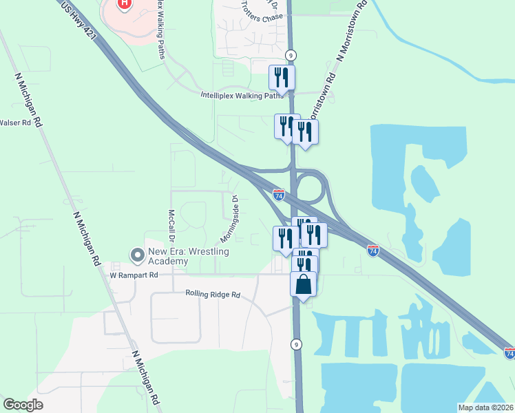 map of restaurants, bars, coffee shops, grocery stores, and more near 38 West Rampart Road in Shelbyville