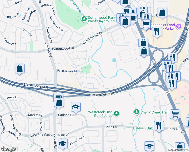 map of restaurants, bars, coffee shops, grocery stores, and more near 17443 Nature Walk Tr in Parker