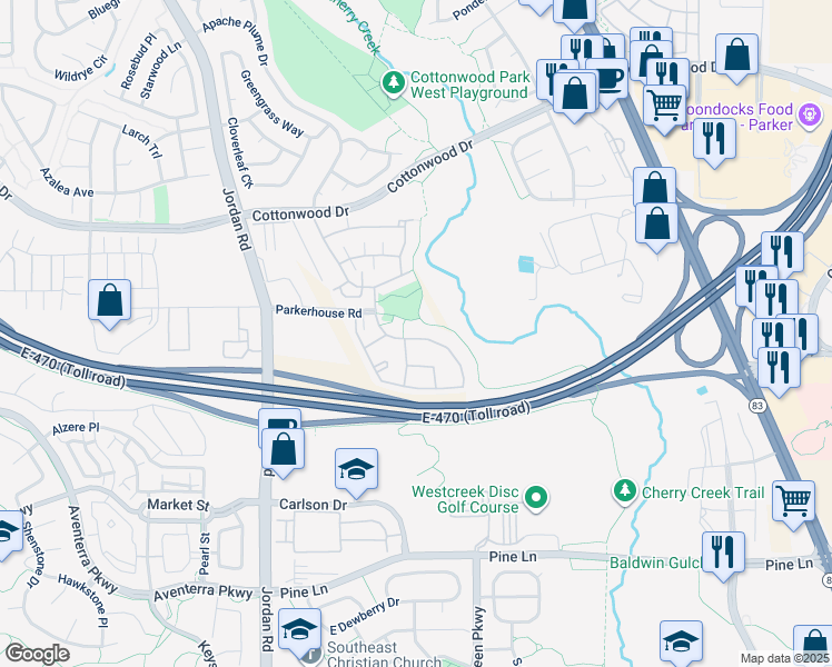 map of restaurants, bars, coffee shops, grocery stores, and more near 17335 Nature Walk Tr in Parker