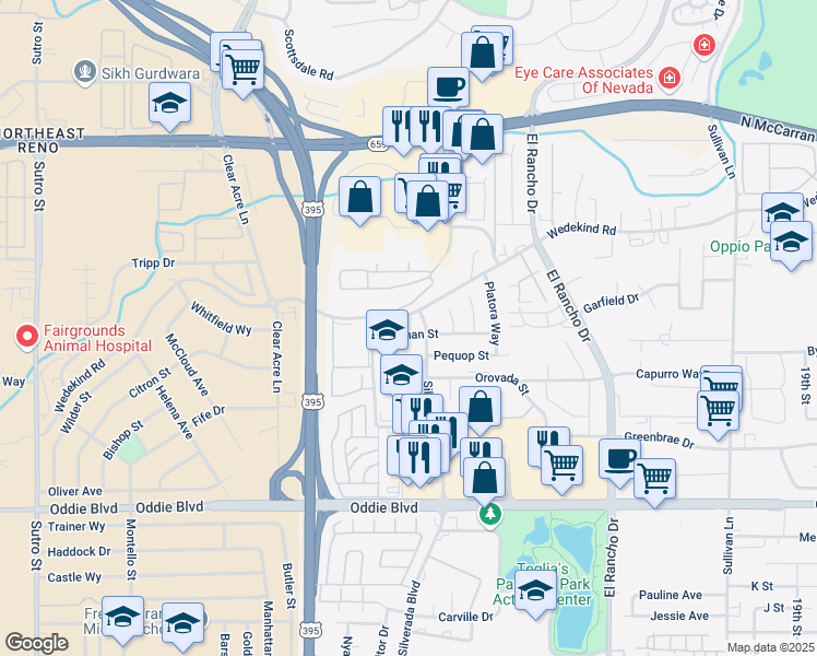 map of restaurants, bars, coffee shops, grocery stores, and more near 2475 Cannan Street in Reno