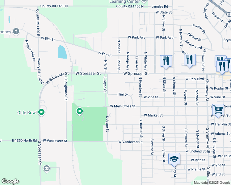map of restaurants, bars, coffee shops, grocery stores, and more near 44 Illini Drive in Taylorville