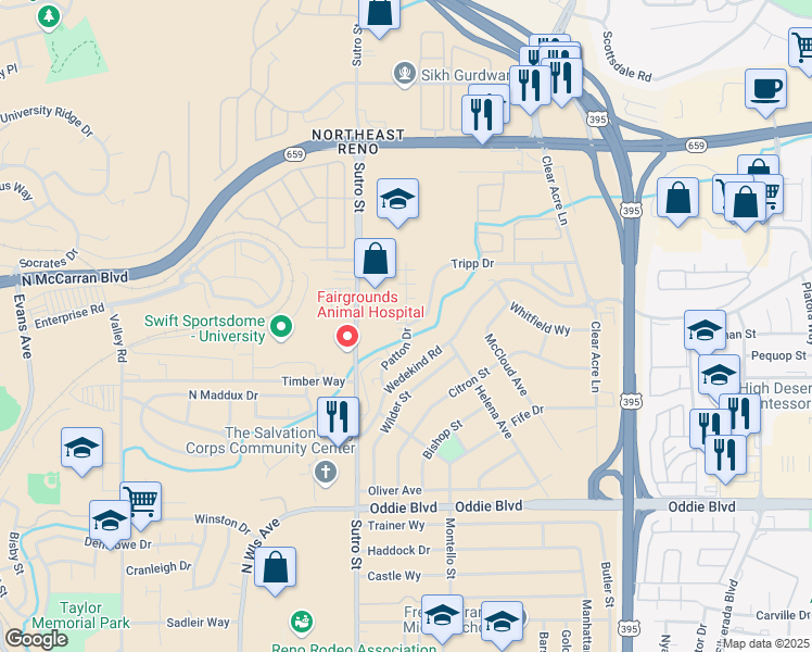 map of restaurants, bars, coffee shops, grocery stores, and more near 2189 Patton Drive in Reno