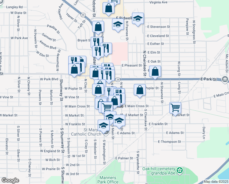 map of restaurants, bars, coffee shops, grocery stores, and more near 208 North Main Street in Taylorville