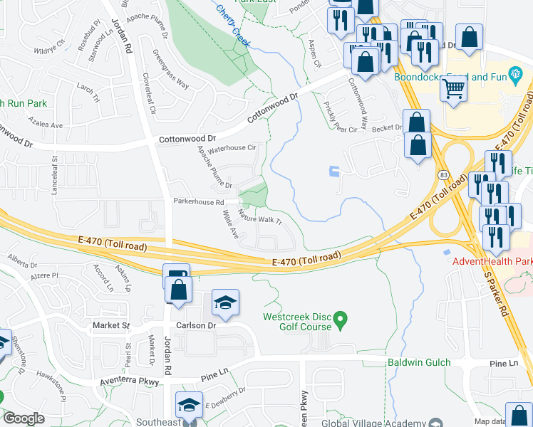 map of restaurants, bars, coffee shops, grocery stores, and more near 17335 Nature Walk Tr in Parker
