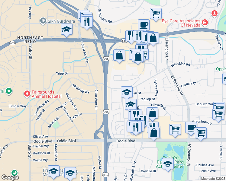 map of restaurants, bars, coffee shops, grocery stores, and more near 2330 Wedekind Road in Reno