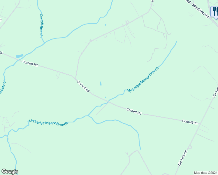 map of restaurants, bars, coffee shops, grocery stores, and more near 2720 Corbett Road in Monkton