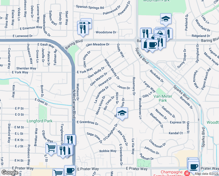 map of restaurants, bars, coffee shops, grocery stores, and more near 2077 Mesa Vista Drive in Sparks