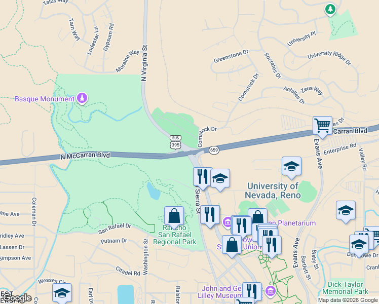 map of restaurants, bars, coffee shops, grocery stores, and more near N McCarran Blvd & N Virginia St in Reno