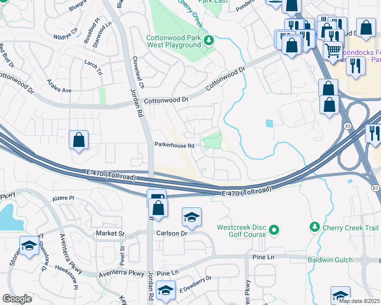 map of restaurants, bars, coffee shops, grocery stores, and more near 9142 Lodestar Lane in Parker