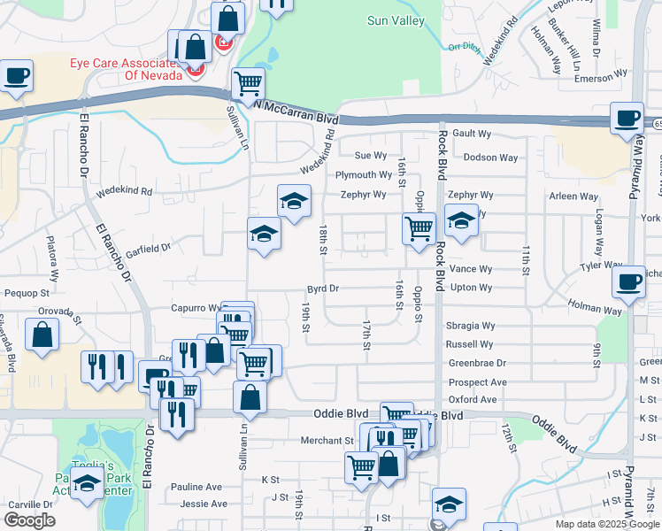 map of restaurants, bars, coffee shops, grocery stores, and more near 2070 18th Street in Sparks