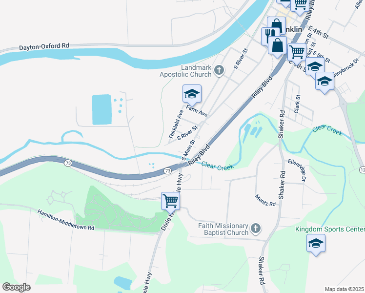 map of restaurants, bars, coffee shops, grocery stores, and more near 1133 South Main Street in Franklin
