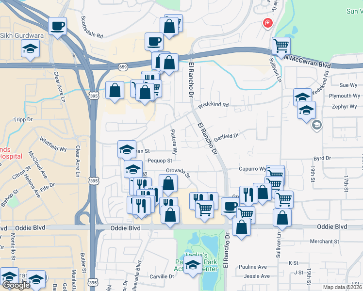 map of restaurants, bars, coffee shops, grocery stores, and more near 2595 Garfield Drive in Sparks