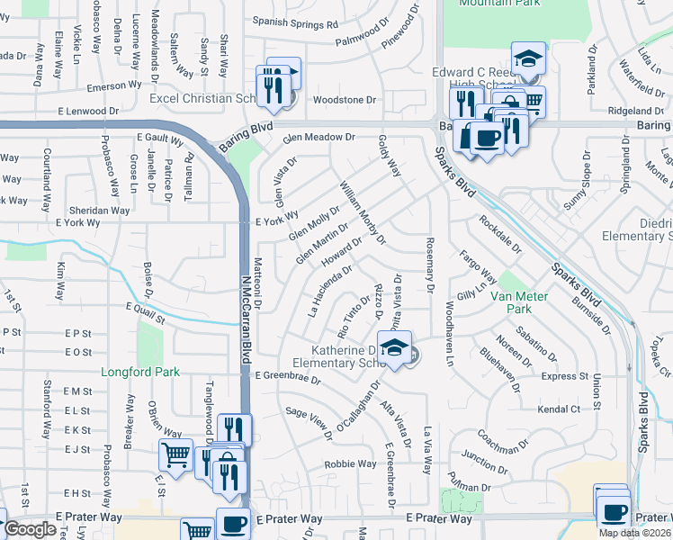 map of restaurants, bars, coffee shops, grocery stores, and more near 2083 La Hacienda Drive in Sparks