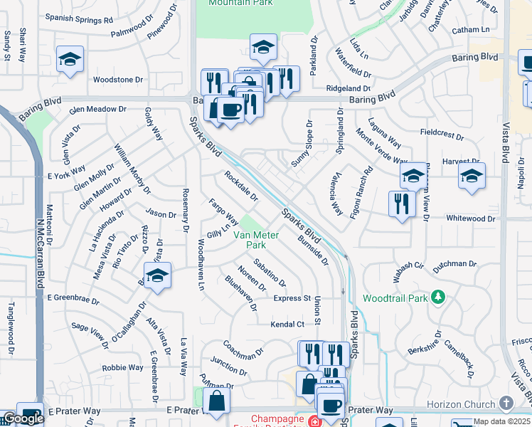 map of restaurants, bars, coffee shops, grocery stores, and more near 2160 Burnside Drive in Sparks