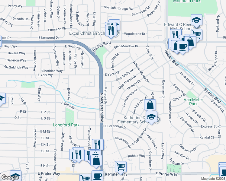 map of restaurants, bars, coffee shops, grocery stores, and more near 749 Glen Martin Drive in Sparks