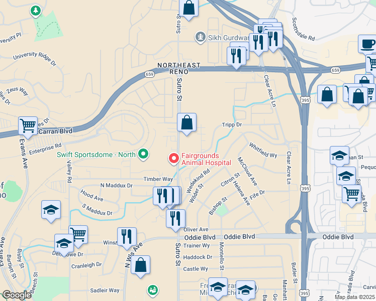 map of restaurants, bars, coffee shops, grocery stores, and more near 2428 Sutro Street in Reno