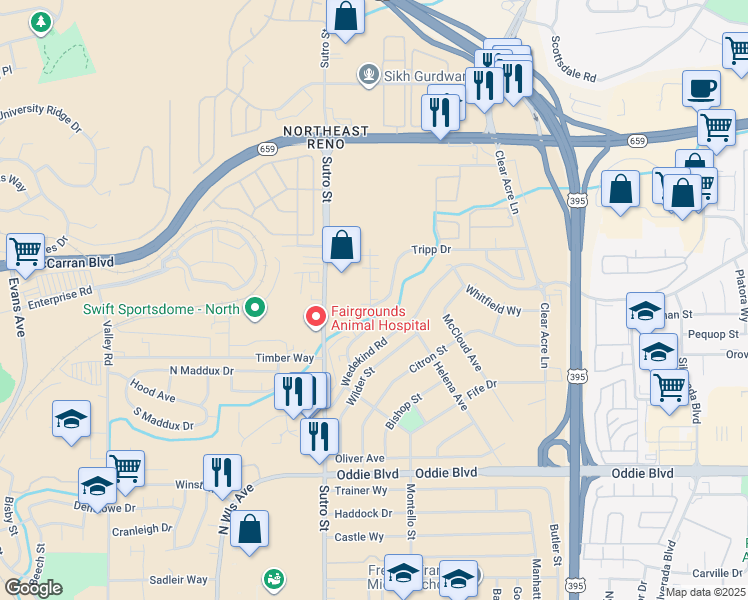 map of restaurants, bars, coffee shops, grocery stores, and more near 2120 Patton Drive in Reno