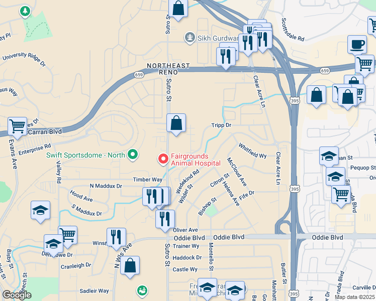 map of restaurants, bars, coffee shops, grocery stores, and more near 2428 Sutro Street in Reno