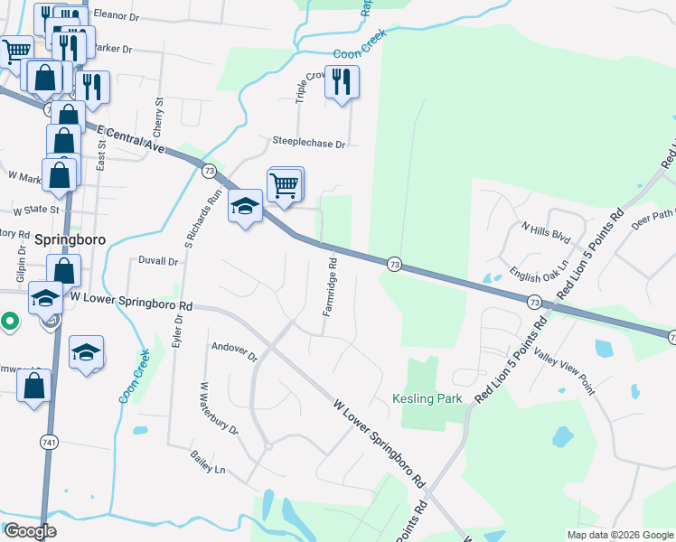map of restaurants, bars, coffee shops, grocery stores, and more near 152 Farmridge Road in Springboro