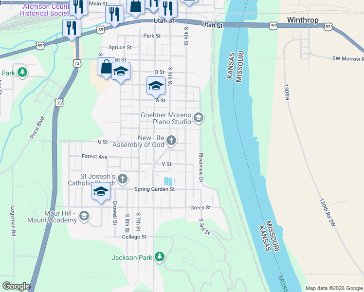 map of restaurants, bars, coffee shops, grocery stores, and more near 1033-1099 S 4th St in Atchison