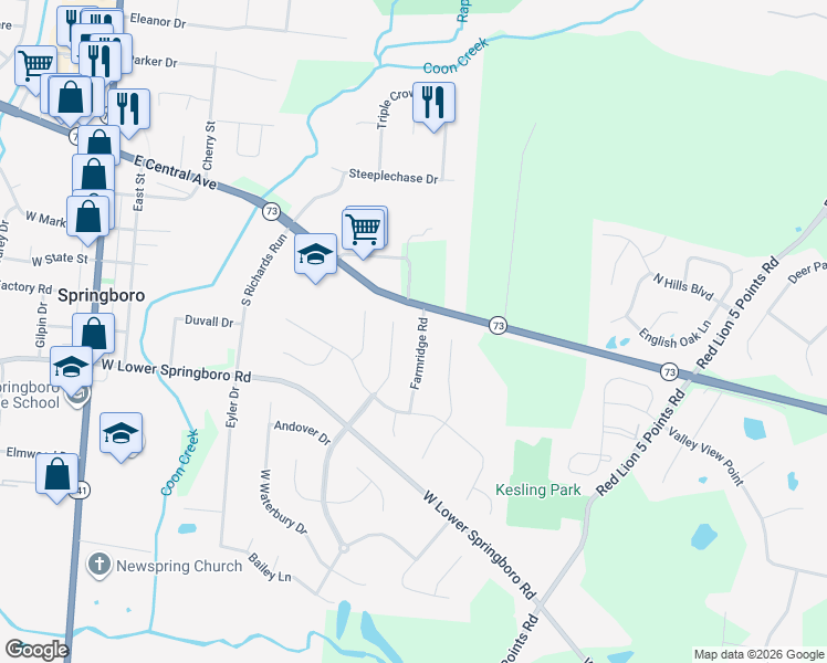 map of restaurants, bars, coffee shops, grocery stores, and more near 152 Farmridge Road in Springboro