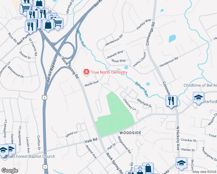 map of restaurants, bars, coffee shops, grocery stores, and more near 403 Aggies Circle in Bel Air