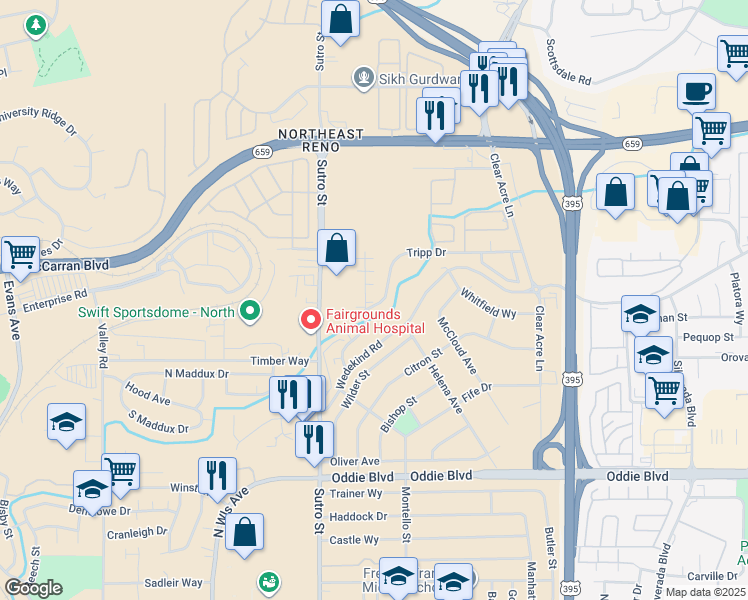 map of restaurants, bars, coffee shops, grocery stores, and more near 2120 Patton Drive in Reno