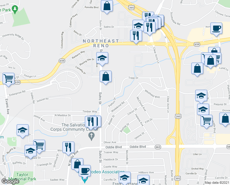 map of restaurants, bars, coffee shops, grocery stores, and more near 2206 Patton Drive in Reno