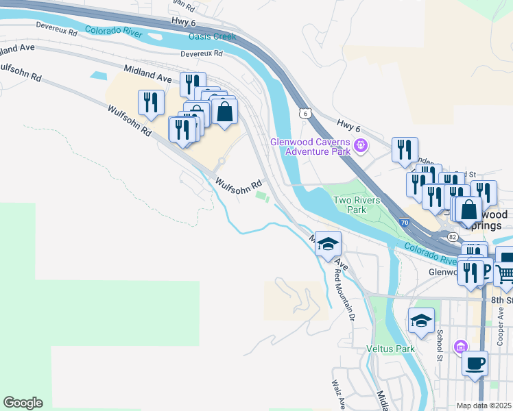 map of restaurants, bars, coffee shops, grocery stores, and more near 100 Wulfsohn Road in Glenwood Springs